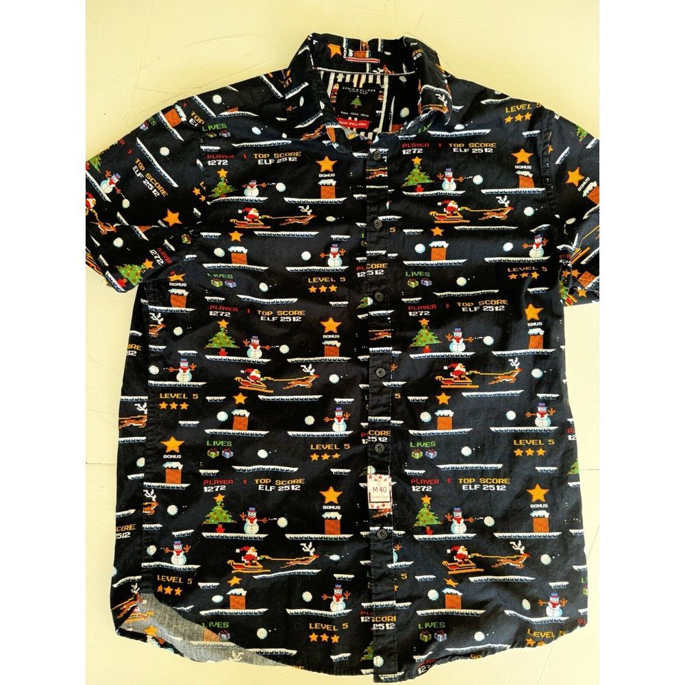 Denim & Flower Ricky Singh Men's Medium Short Sleeve Button Shirt Happy Holidays